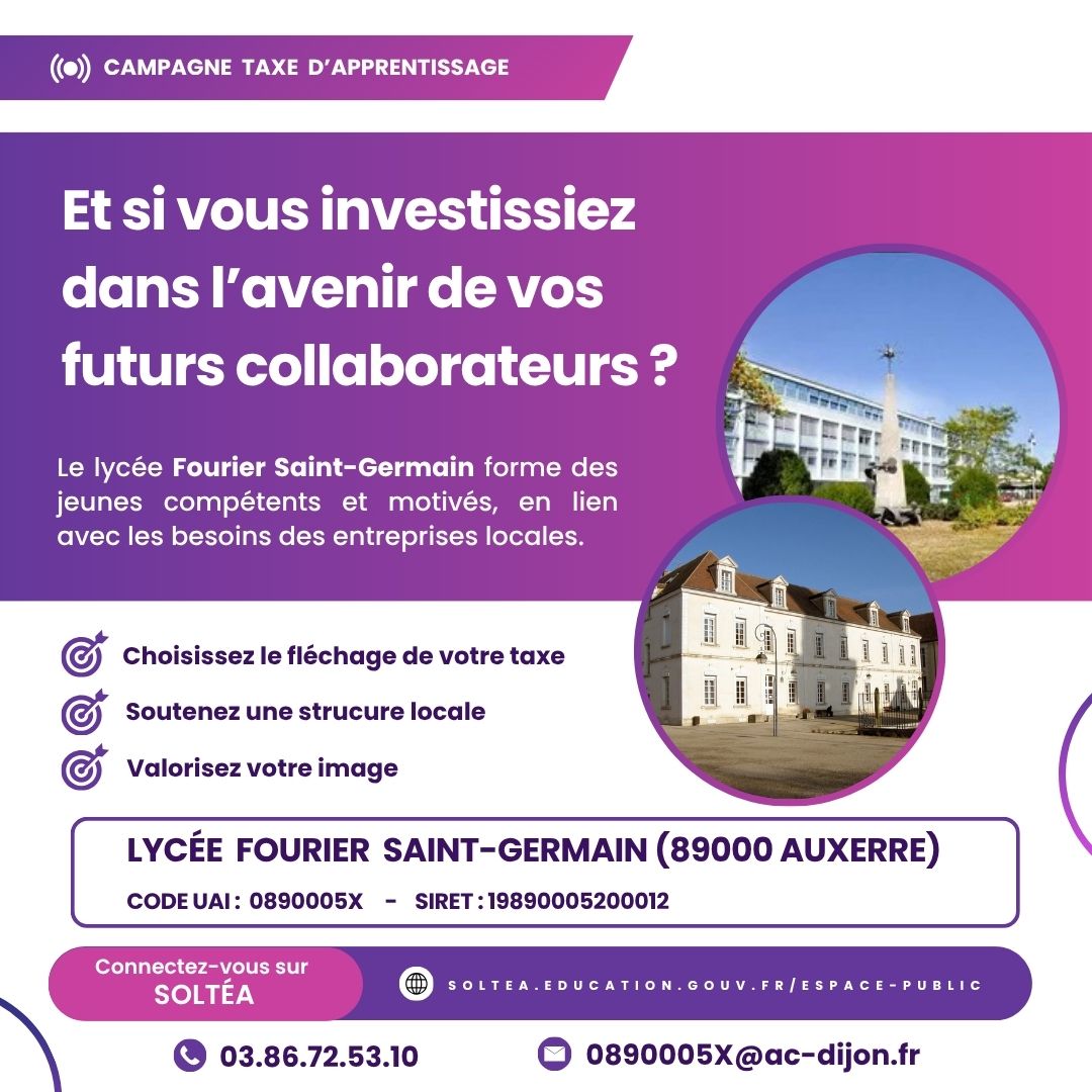 Campagne Taxe d'Apprentissage 2026 - Lycée Fourier Saint-Germain, Auxerre